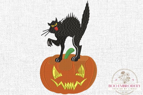 Black Cat on Pumpkin Embroidery Design