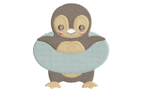 Cute Penguin in Life Buoy Embroidery Design