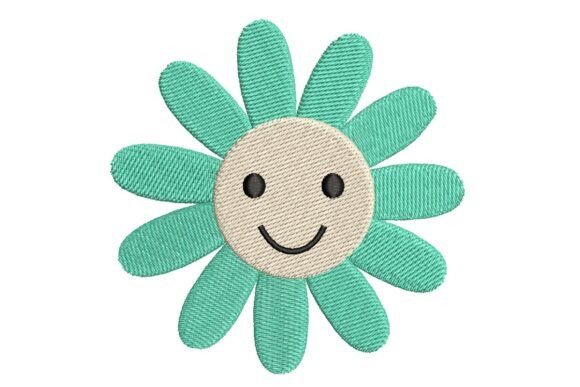 Happy Teal Flower Face Embroidery Design