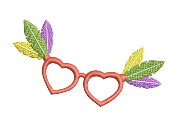 Mardi Gras Heart Glasses with Feathers Embroidery Design